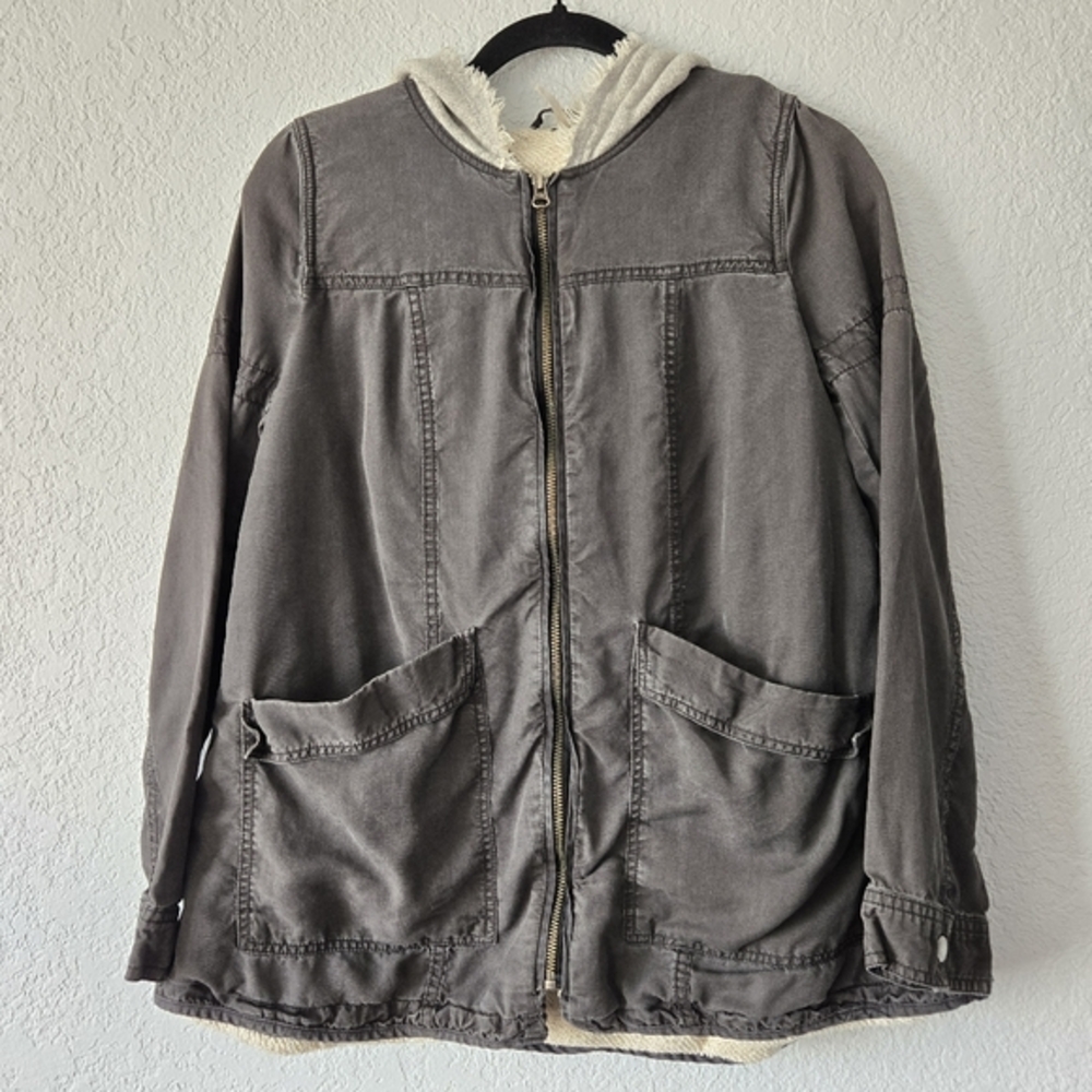 Free People XS Grey Hooded Utility Jacket Zip Front